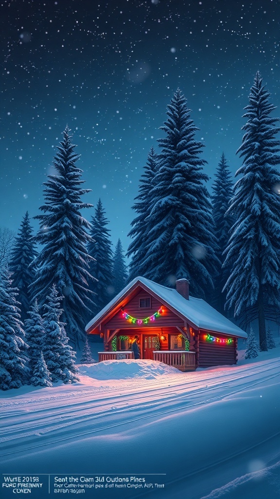 A snowy cabin decorated for Christmas with twinkling lights and falling snowflakes.